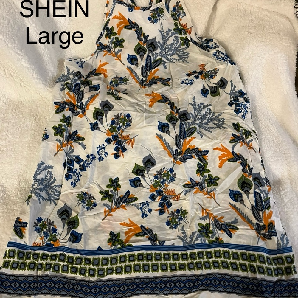 SHEIN Botanical Print Midi Dress - White and Blue